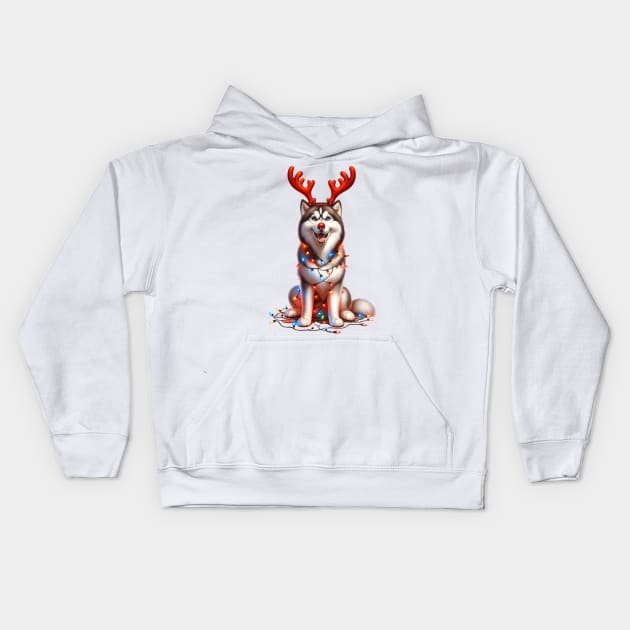 Christmas Red Nose Siberian Husky Dog Kids Hoodie by Chromatic Fusion Studio
